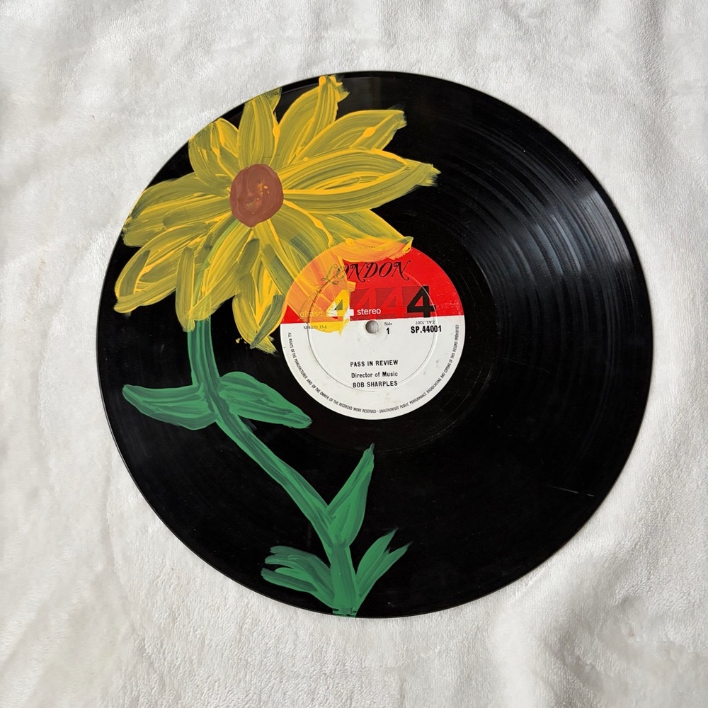 Hand-Painted Vinyl Record with Yellow Flower